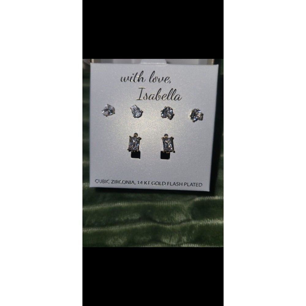 With Love Isabella; Cubic Zirconia 14 KT Gold Flash Plated. Earrings 3 Sets